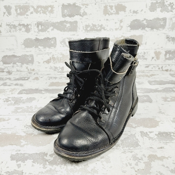 Latenace Black Single Strap Vintage Leather High Ankle Round Toe Boot V733 - Picture 2 of 13